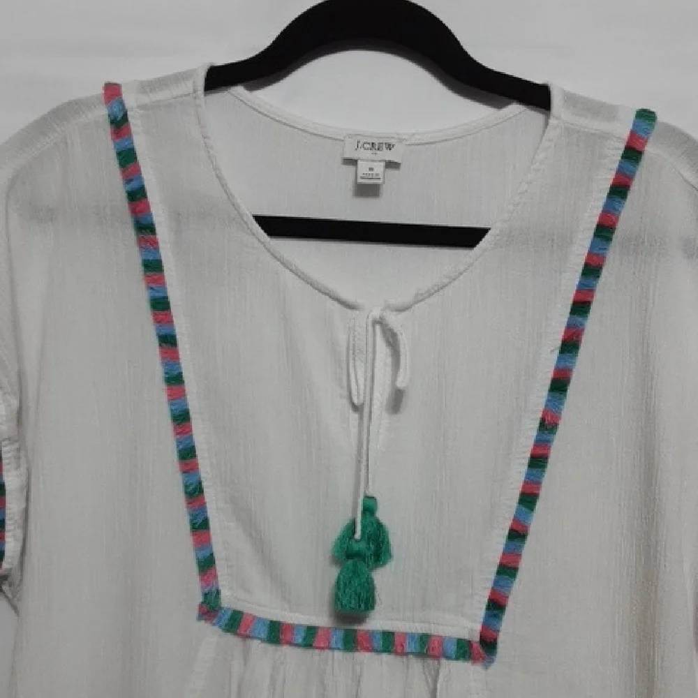 J. Crew White Embroidered Short Sleeve‎ Peasant Top with Multicolor Trim